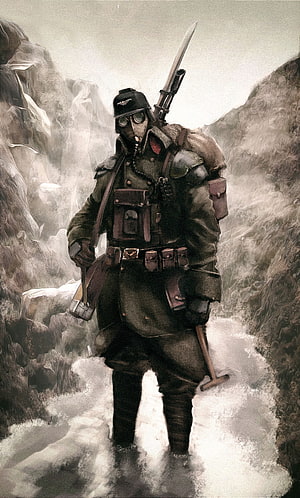 Death Korps of Krieg Soldier in Snowy Mountain Pass with Rifle and Pickaxe HD phone wallpaper