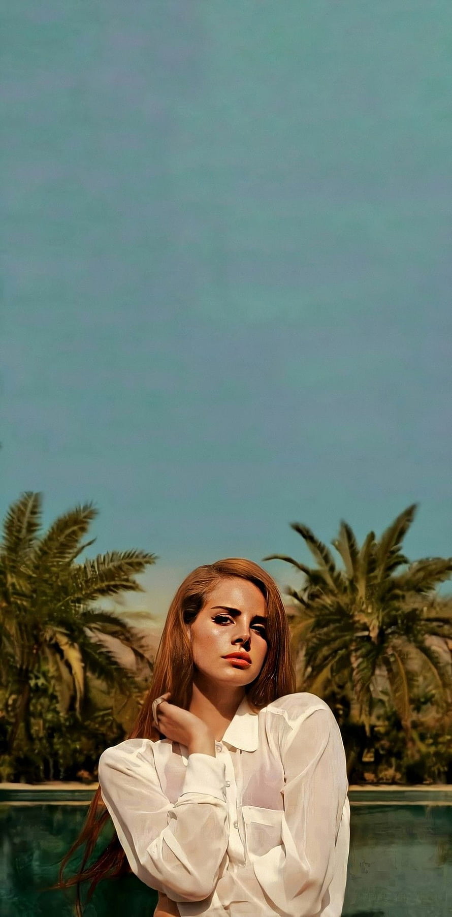 Lana Del Rey in a white blouse against a tropical poolside backdrop with palm trees HD phone wallpaper