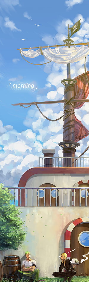 Roronoa Zoro and Sanji Relaxing on the Thousand Sunny Deck Under a Bright Sky HD phone wallpaper