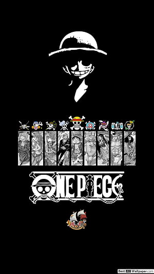 One Piece Anime Crew Lineup with Straw Hat Logo on Black Background HD phone wallpaper