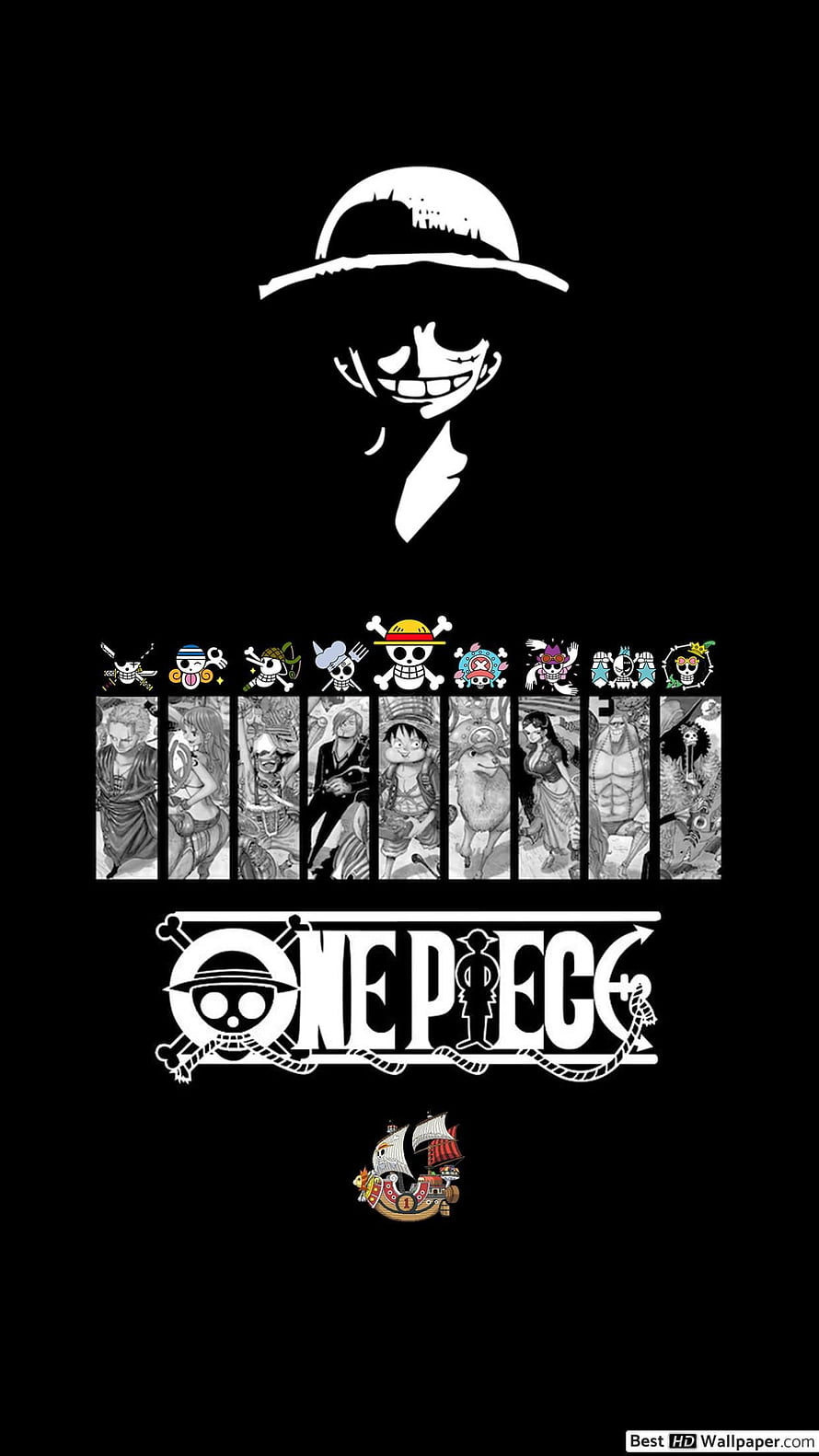 One Piece Anime Crew Lineup with Straw Hat Logo on Black Background HD phone wallpaper