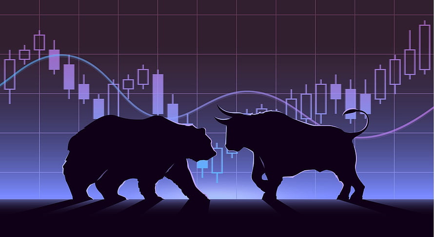 Bull and Bear Silhouettes Confronting Over Stock Market Candlestick Chart HD wallpaper