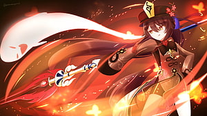 Hu Tao from Genshin Impact Wielding Her Polearm in a Fiery Red and Orange Burst of Energy HD wallpaper