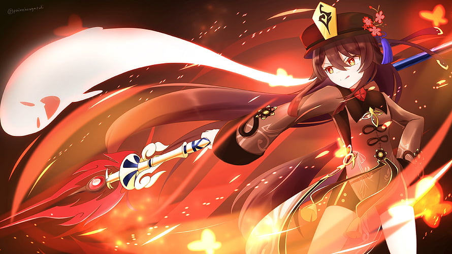 Hu Tao from Genshin Impact Wielding Her Polearm in a Fiery Red and Orange Burst of Energy HD wallpaper