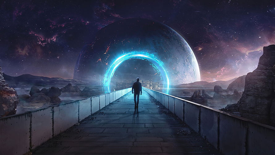Lone figure walking toward a glowing blue portal on a bridge beneath a massive planet in a cosmic landscape HD wallpaper