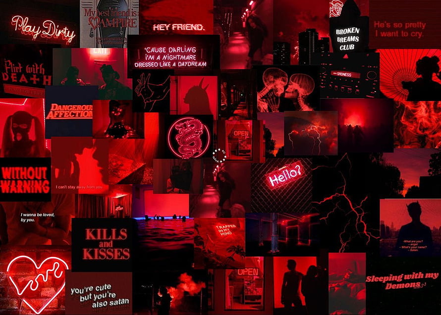 Dark Red Aesthetic Collage with Neon Signs and Gothic Typography HD wallpaper