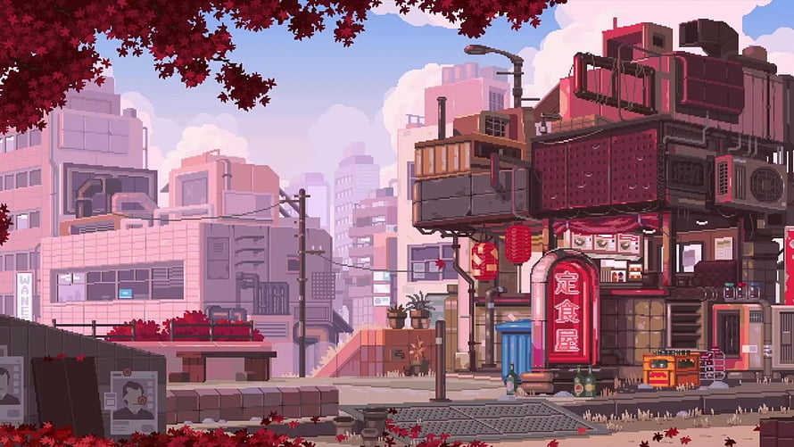 Autumn Japanese City Street Pixel Art with Red Maple Leaves and Neon Signs HD wallpaper