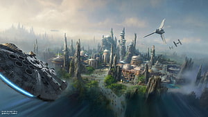 Star Wars Concept Art: Millennium Falcon and TIE Fighters Over a Futuristic City HD wallpaper