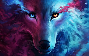 Neon Galaxy Wolf Portrait With Heterochromia Eyes And Cosmic Nebula Background HD wallpaper