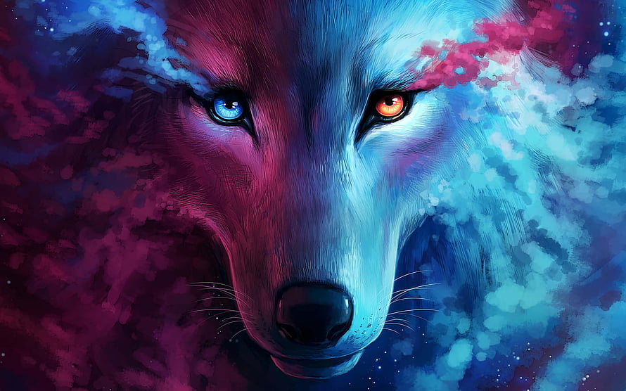 Neon Galaxy Wolf Portrait With Heterochromia Eyes And Cosmic Nebula Background HD wallpaper