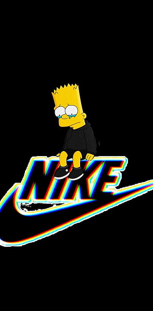 Bart Simpson Crying on Nike Logo with Glitch Effect on Black Background HD phone wallpaper