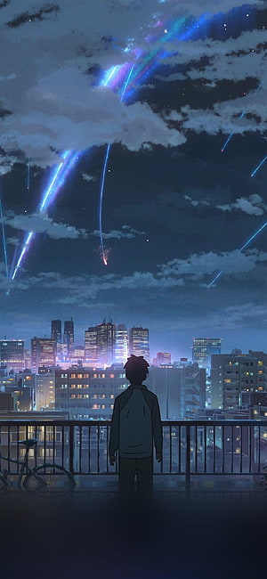 Weathering With You Anime Boy Watching Meteor Shower Over Tokyo Cityscape at Night HD phone wallpaper