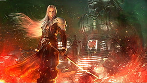 Sephiroth Final Fantasy VII Remake Artwork with Flaming Sword and Industrial Backdrop HD wallpaper