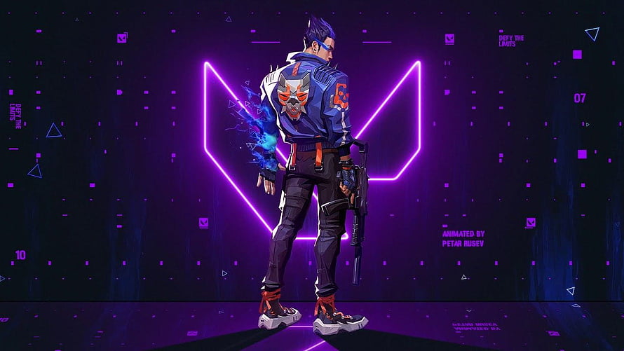 Yoru Valorant Character Standing in Neon Purple Cyberpunk Environment HD wallpaper