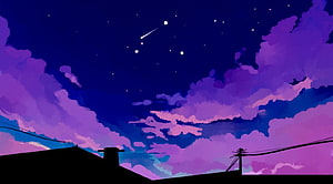 Purple Night Sky with Stars and Clouds Over Silhouetted Rooftop HD wallpaper