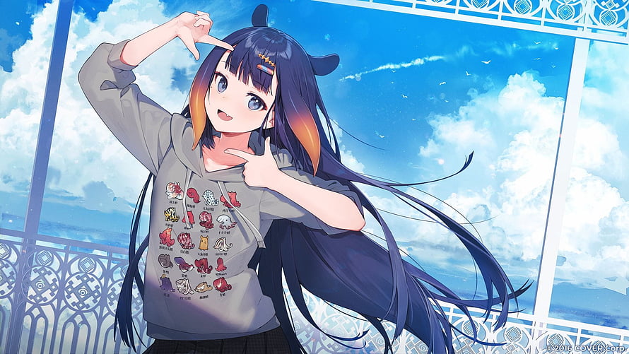 Hololive VTuber Anime Girl in Grey Hoodie on Balcony with Blue Sky Background HD wallpaper