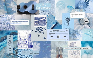 Blue Aesthetic Collage with Ukelele, Jellyfish, and Inspirational Quotes HD wallpaper