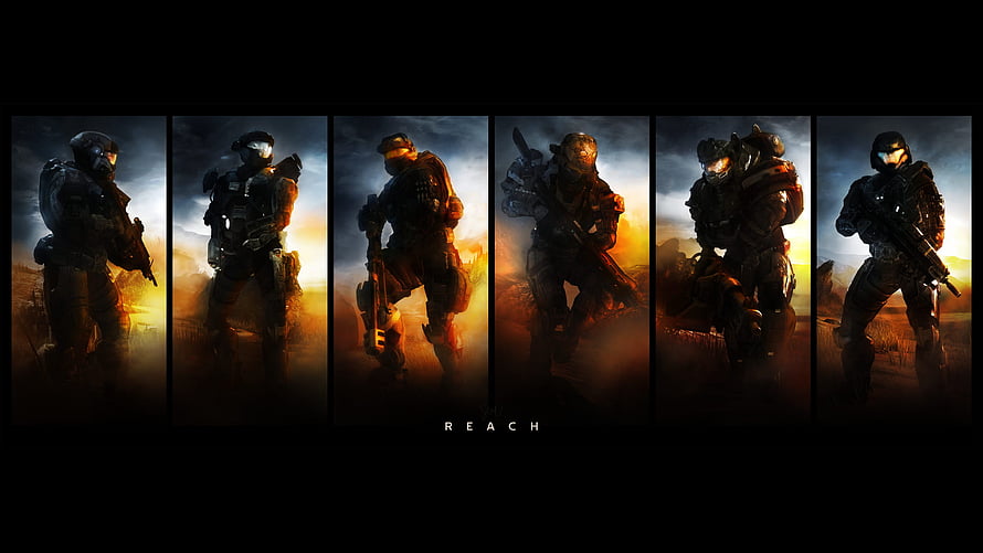 Halo Reach Noble Team Six Spartans Silhouetted Against Dramatic Sunset Sky HD wallpaper