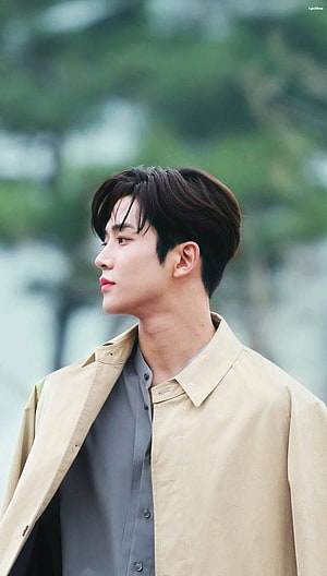 Kim Rowoon from SF9 in a beige trench coat and grey shirt with a soft outdoor background HD phone wallpaper