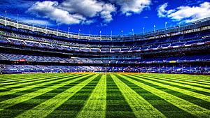 Vibrant Green Football Pitch Inside a Large Multi-Tiered Stadium Under a Blue Sky HD wallpaper