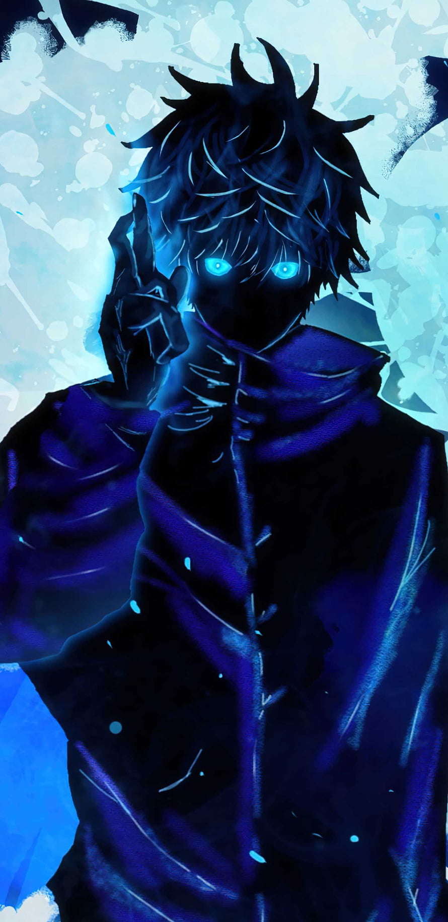 Gojo Satoru Anime Character with Glowing Blue Eyes and Dark Coat HD phone wallpaper