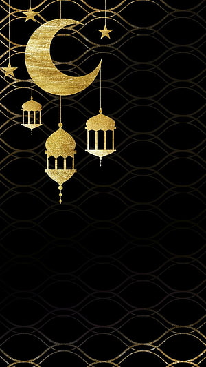Elegant Gold Crescent Moon and Lanterns on Black Geometric Pattern for Ramadan HD phone wallpaper