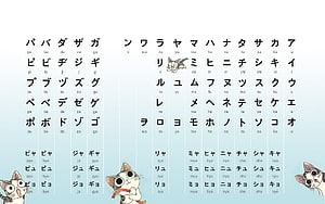 Japanese Katakana and Hiragana Chart with Cute Cat Illustrations HD wallpaper