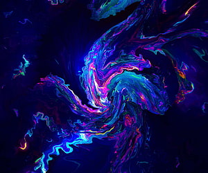 Vibrant Neon Liquid Abstract Artwork with Swirling Purple and Cyan Hues on Dark Background HD wallpaper
