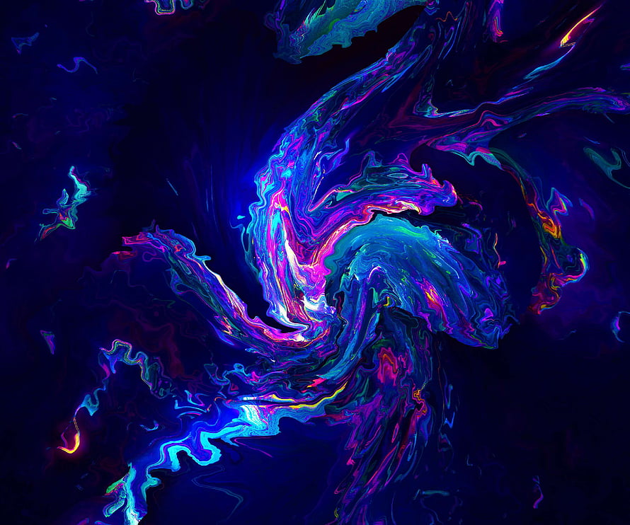 Vibrant Neon Liquid Abstract Artwork with Swirling Purple and Cyan Hues on Dark Background HD wallpaper