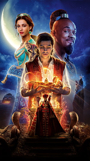 Aladdin Live Action Movie Poster Featuring Genie, Princess Jasmine, and Magic Lamp HD phone wallpaper