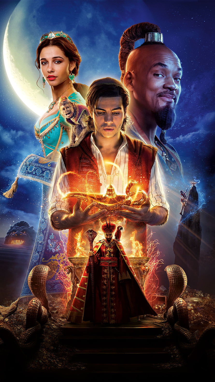 Aladdin Live Action Movie Poster Featuring Genie, Princess Jasmine, and Magic Lamp HD phone wallpaper