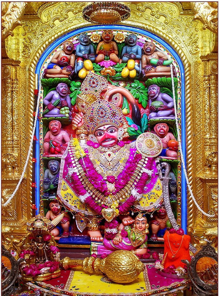 Sarangpur Hanuman Temple Deity Adorned in Vibrant Garlands and Golden Ornaments HD phone wallpaper