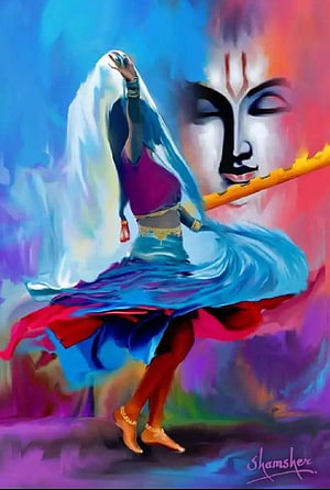 Radha Krishna Devotional Artwork Featuring Dancing Figure and Divine Face HD phone wallpaper