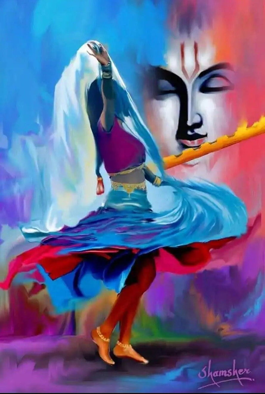 Radha Krishna Devotional Artwork Featuring Dancing Figure and Divine Face HD phone wallpaper