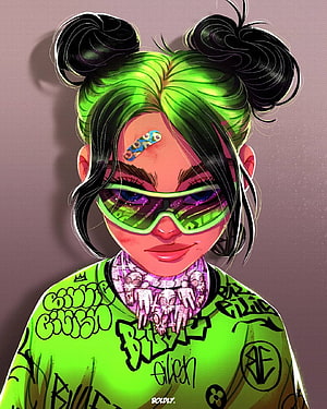 Billie Eilish Stylized Portrait with Neon Green Hair and Oversized Goggles HD phone wallpaper