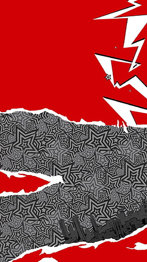 Persona 5 Red and Black Star Pattern with City Skyline and Comic Style Lightning HD phone wallpaper