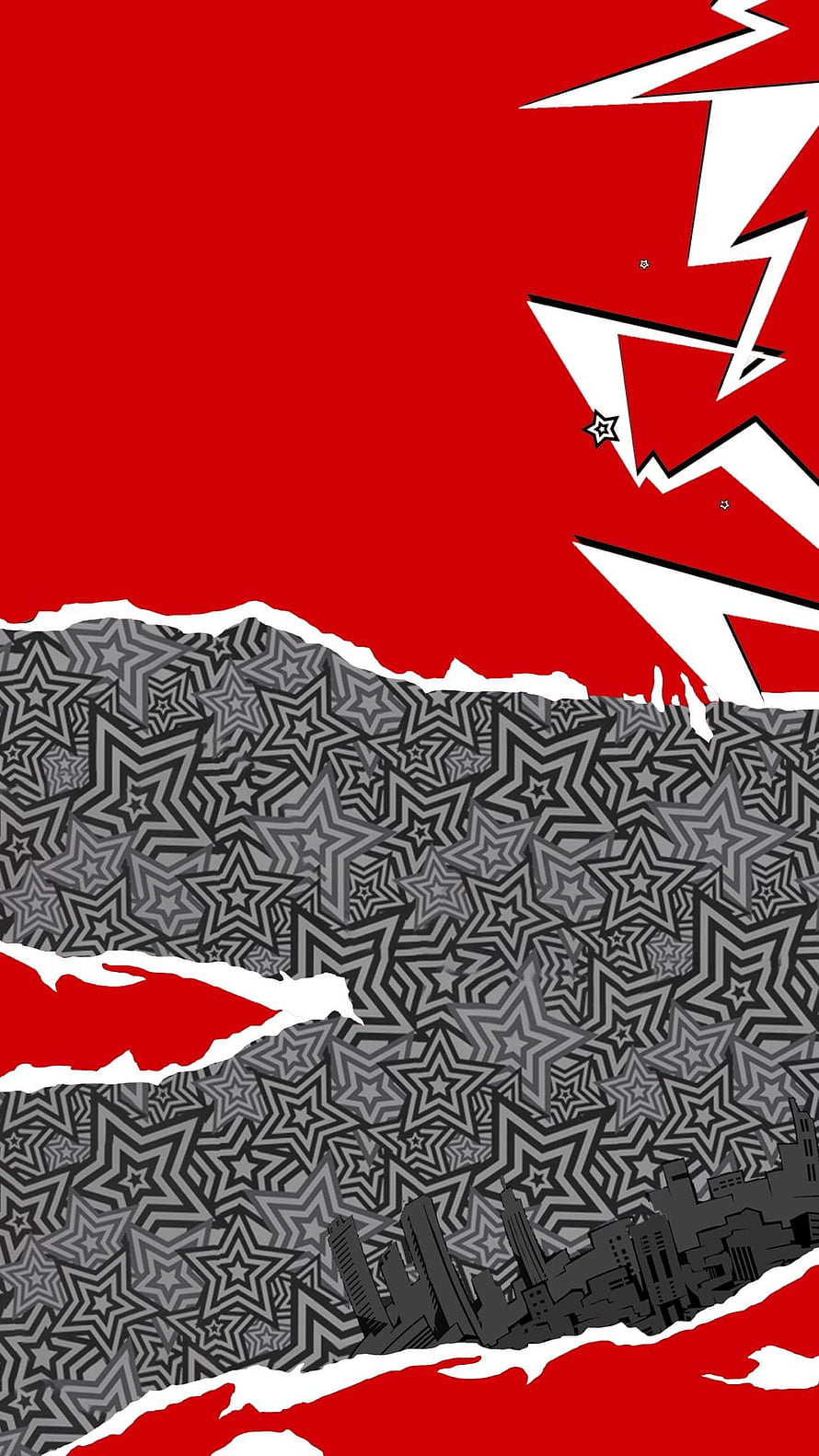 Persona 5 Red and Black Star Pattern with City Skyline and Comic Style Lightning HD phone wallpaper
