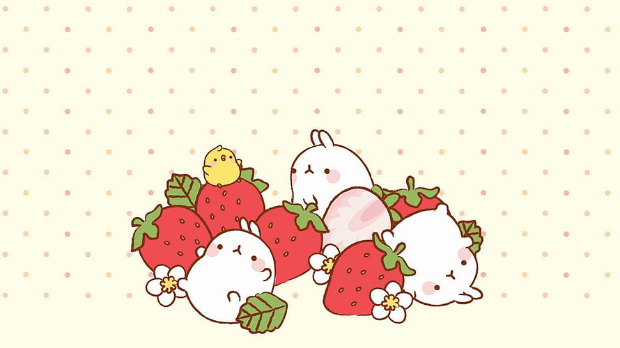 Cute Kawaii Rabbit and Chick Illustration with Strawberries and Flowers HD wallpaper