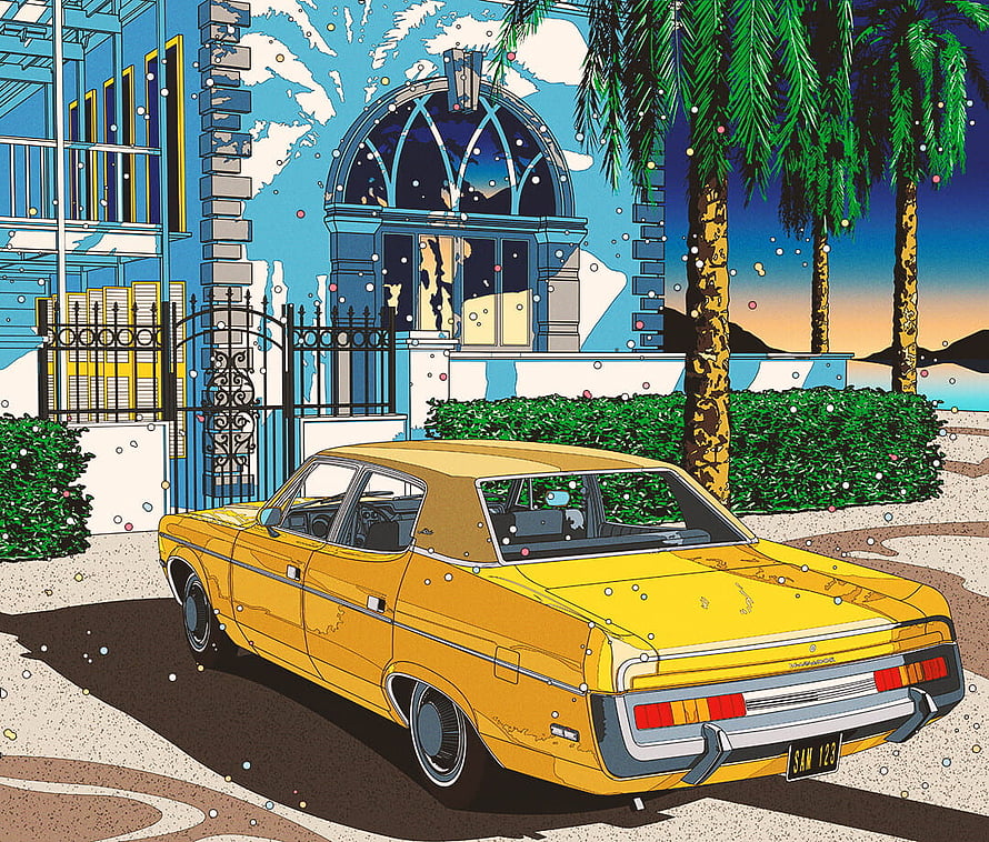 Eizin Suzuki Digital Illustration of a Yellow Classic Car in a Tropical Setting HD wallpaper