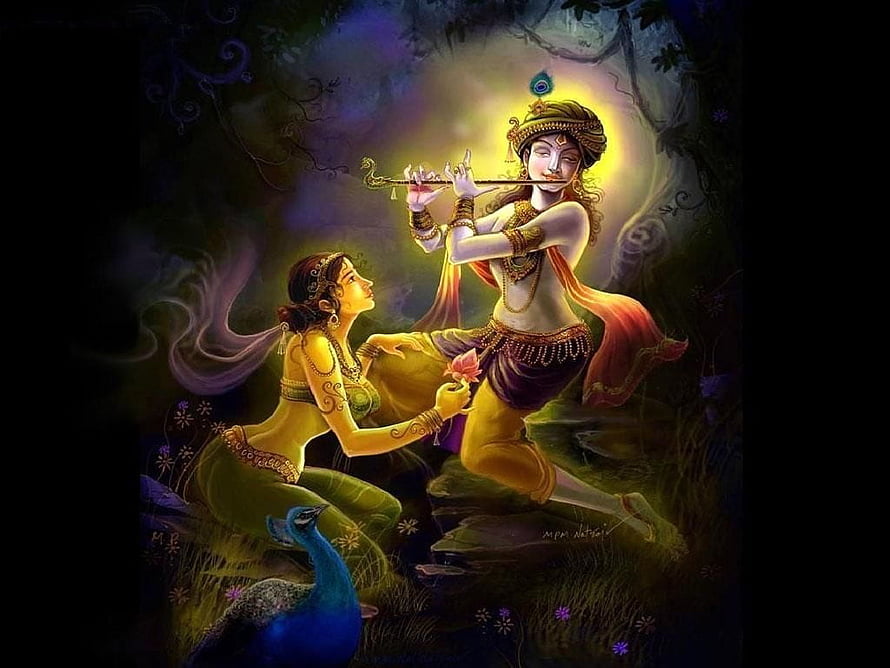 Radha Krishna Playing Flute in Mystical Forest with Peacock HD wallpaper
