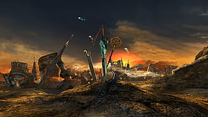 Final Fantasy X Ruined Battlefield with Glowing Sword and Staff at Dusk HD wallpaper