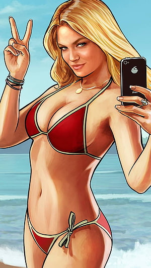 GTA V Style Blonde Woman in Red Bikini Taking a Beach Selfie, GTA V Girl by RentIsTooHigh HD phone wallpaper