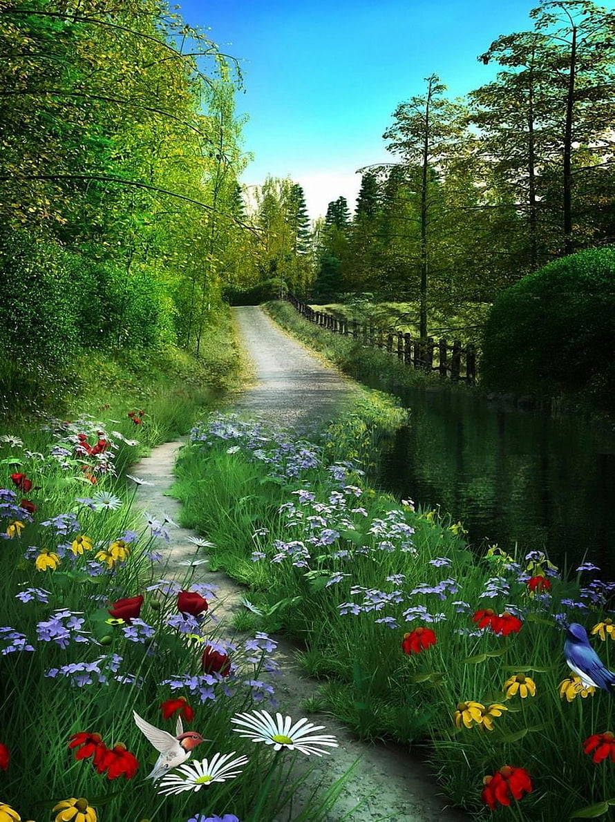 Serene Garden Path Lined With Wildflowers And Birds Beside A Calm Stream HD phone wallpaper
