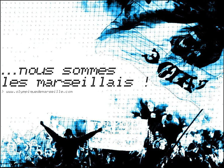 Olympique de Marseille Fans Celebrating in Stadium with Blue and White Banners HD wallpaper