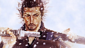 Vagabond Samurai Drawing Sword in Snowfall Watercolor Illustration HD wallpaper
