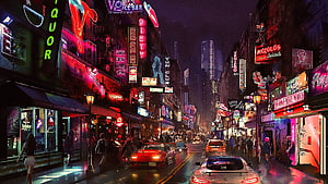 Neon-Lit Cyberpunk City Street at Night with Glowing Signs and Traffic HD wallpaper