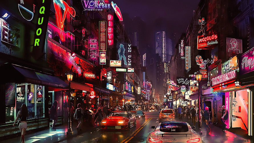 Neon-Lit Cyberpunk City Street at Night with Glowing Signs and Traffic HD wallpaper