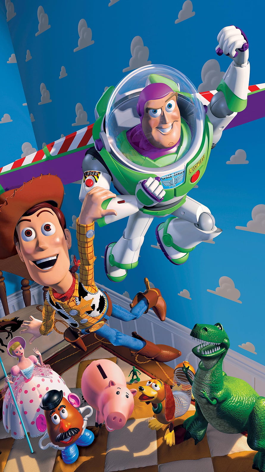 Toy Story Animated Movie Poster Featuring Buzz Lightyear, Woody, Rex, and Friends in Action HD phone wallpaper
