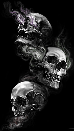 Three Realistic Human Skulls Dissolving Into Swirling Purple and White Smoke on Black Background, 6 Badass Skull, skull HD phone wallpaper