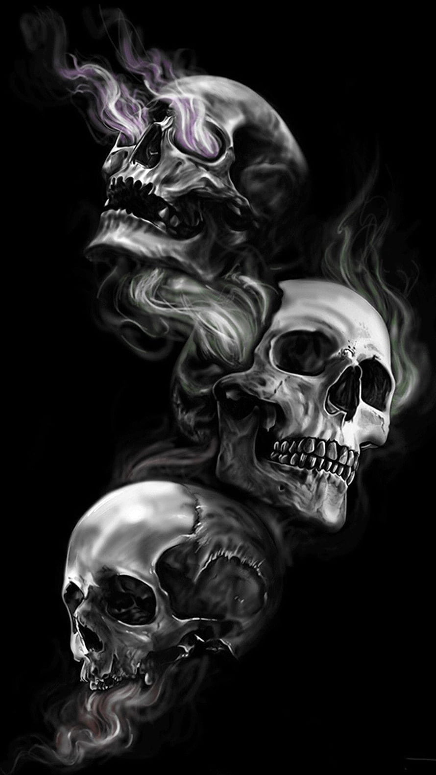 Three Realistic Human Skulls Dissolving Into Swirling Purple and White Smoke on Black Background HD phone wallpaper
